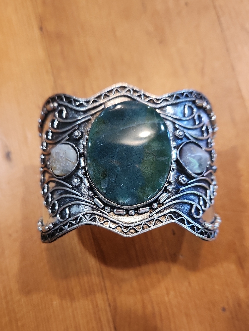 Source Unknown Silver Filigree Cuff with Green Center Stone